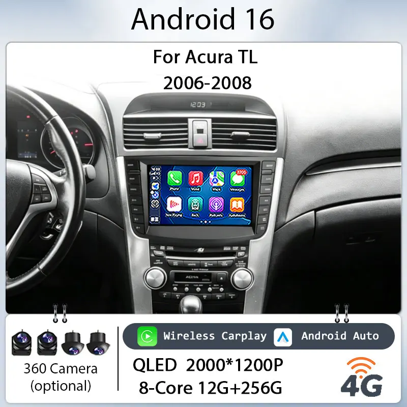 Estéreo para Auto Android 16 de 9 Pulgadas para Acura TL 2006-2008, Pantalla Táctil IPS HD, Unidad Principal con CarPlay Inalámbrico, GPS, Navegación, Bluetooth, WiFi, Reproductor DSP