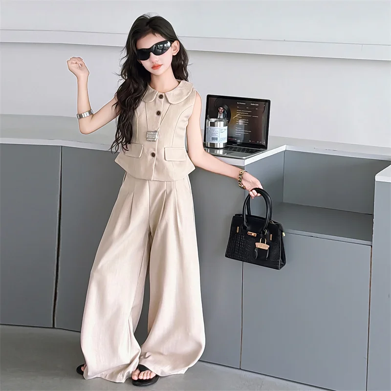 

Summer Girls Blazer Suits Clothing Set Kids Peter Collar Vest Top+Pants Fashion Loose Teenage Casual Outfits 5-14 Child Costumes