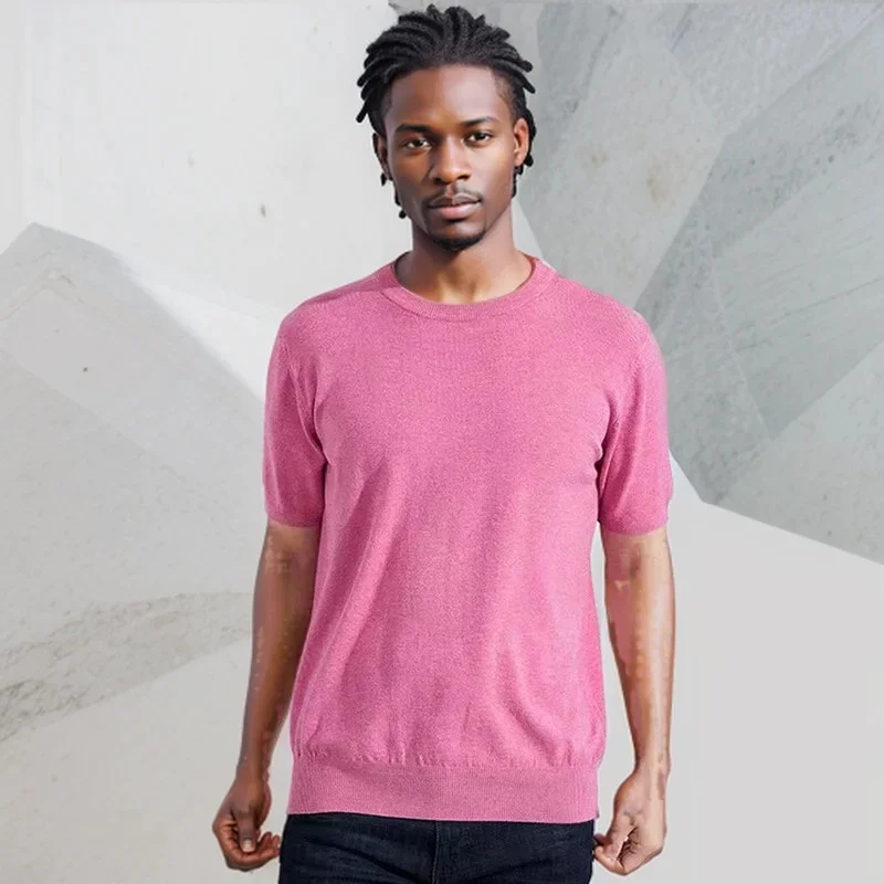 Superfine Merino Wool T Shirt Men's Knitted O-neck Breathable Thin Cashmer Short Sleeve Tee Solid Color knit Tops Sweater Shirt