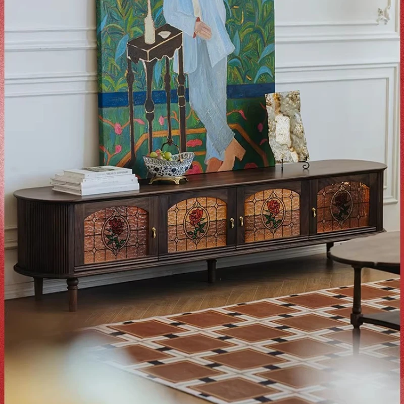 

Тумба под телевизор из массива черного ореха с винтажным витражным остеклением, напольная, для гостиной, в североамериканском стиле