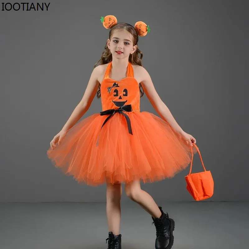 

Halloween Kids Playful Pumpkin Cosplay Costumes Girls Mesh Ballet Tutu With Tiara Bag Children Birthday Party Dress Rave Outfits