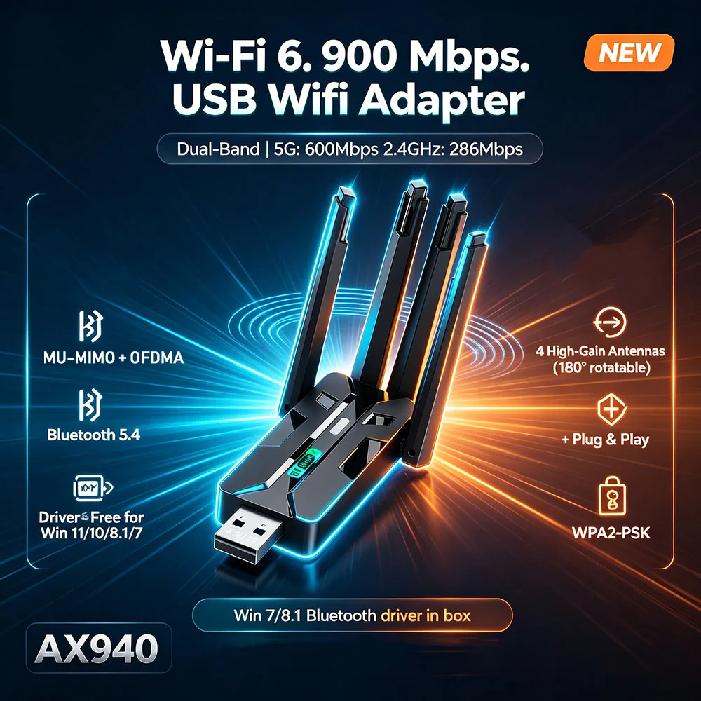 

1300Mbps WiFi 6 USB Adapter Dual Band 2.4G/5Ghz Wireless WiFi Receiver BT 5.4 Dongle WiFi6 Network Card For Laptop PC Win 10/11