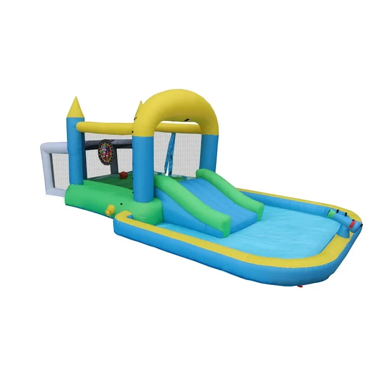 

Inflatable Water Park, Trampoline Castle and Mini Football Field, Basketball Hoop with Blower