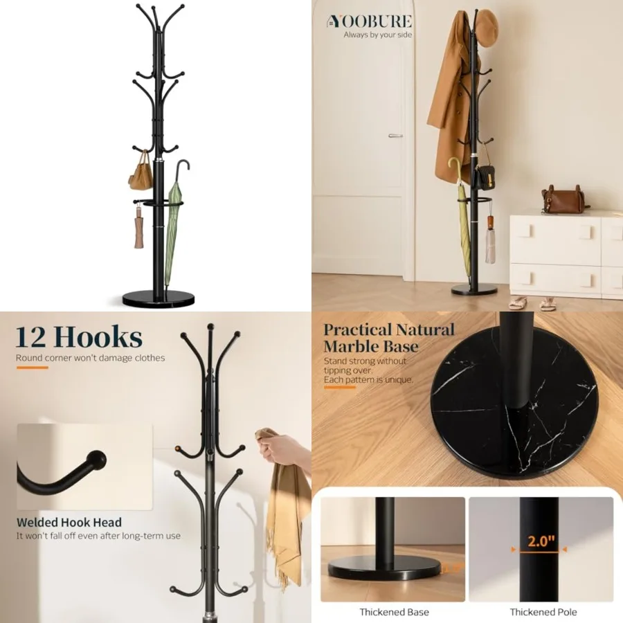 

Metal Coat Rack Freestanding with Marble Base, Coat Tree with 12 Hooks and Umbrella Holder, Coat Hanger Stand for Corner Entryw