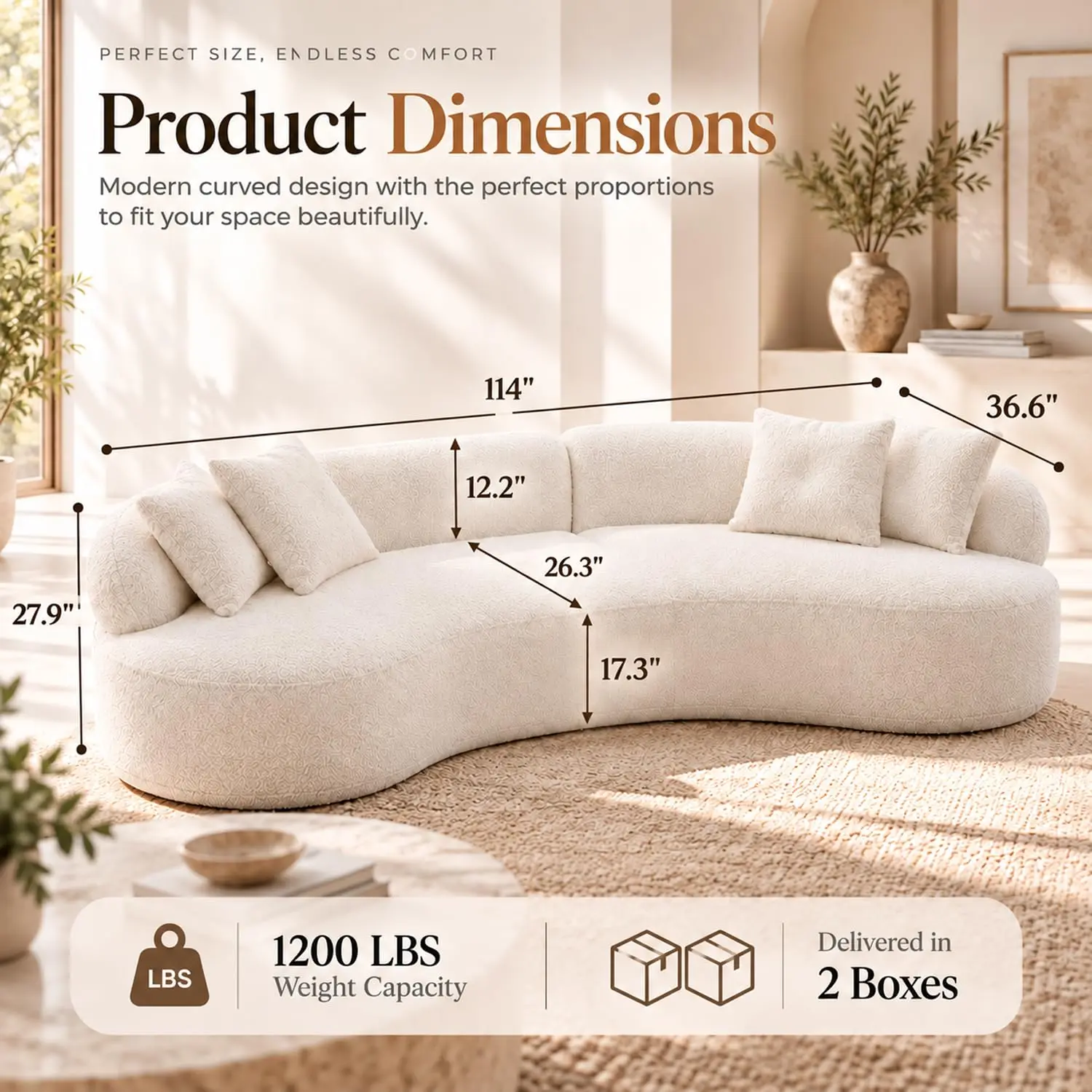 114 inch Modular Cloud Couch, Curved Boneless Sectional Sofa, White, Customized