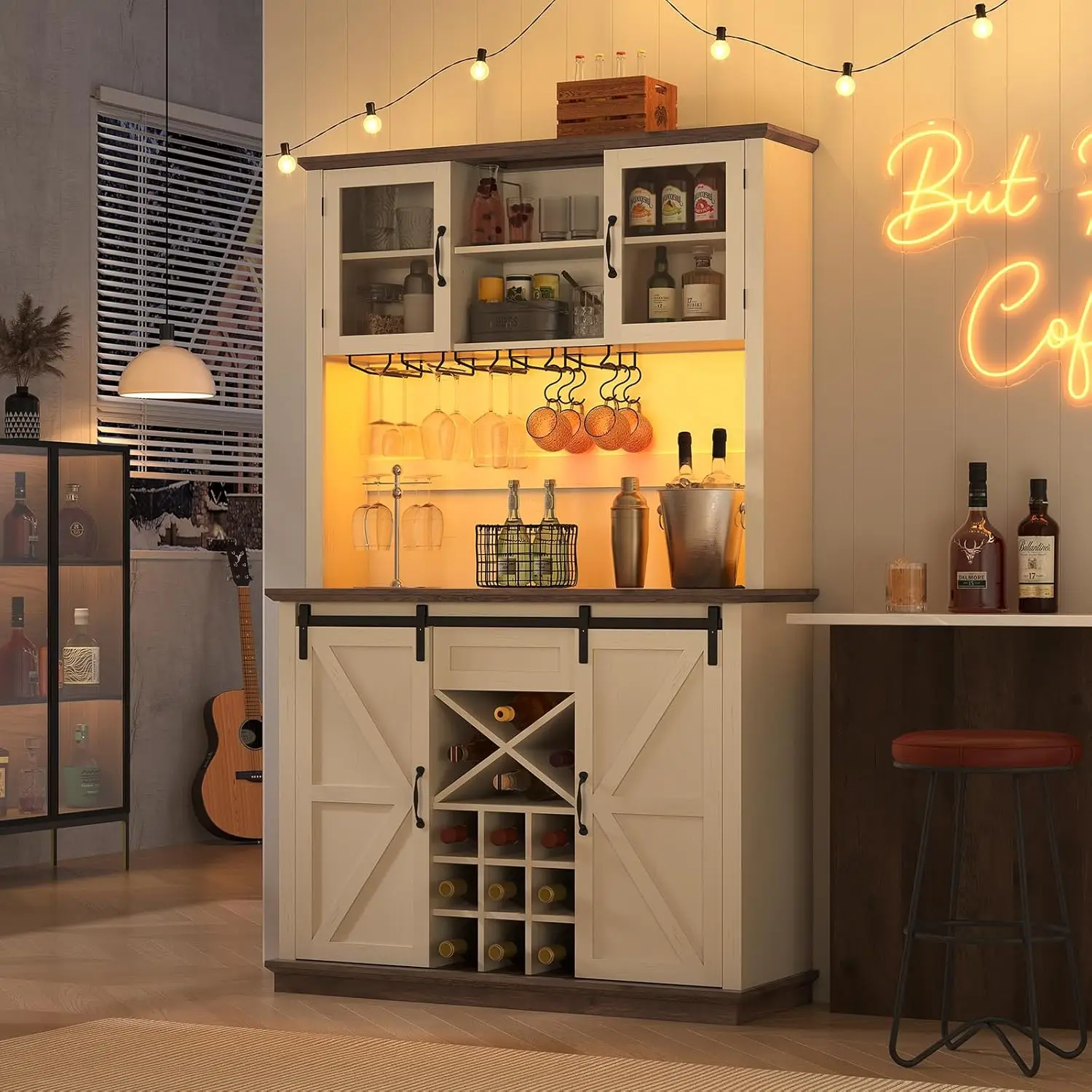 

Coffee Bar Cabinet with Storage, Kitchen Bar Cabinet with Sliding Barn Door, Led Lights, Power Strip Coffee Bar Cabinet