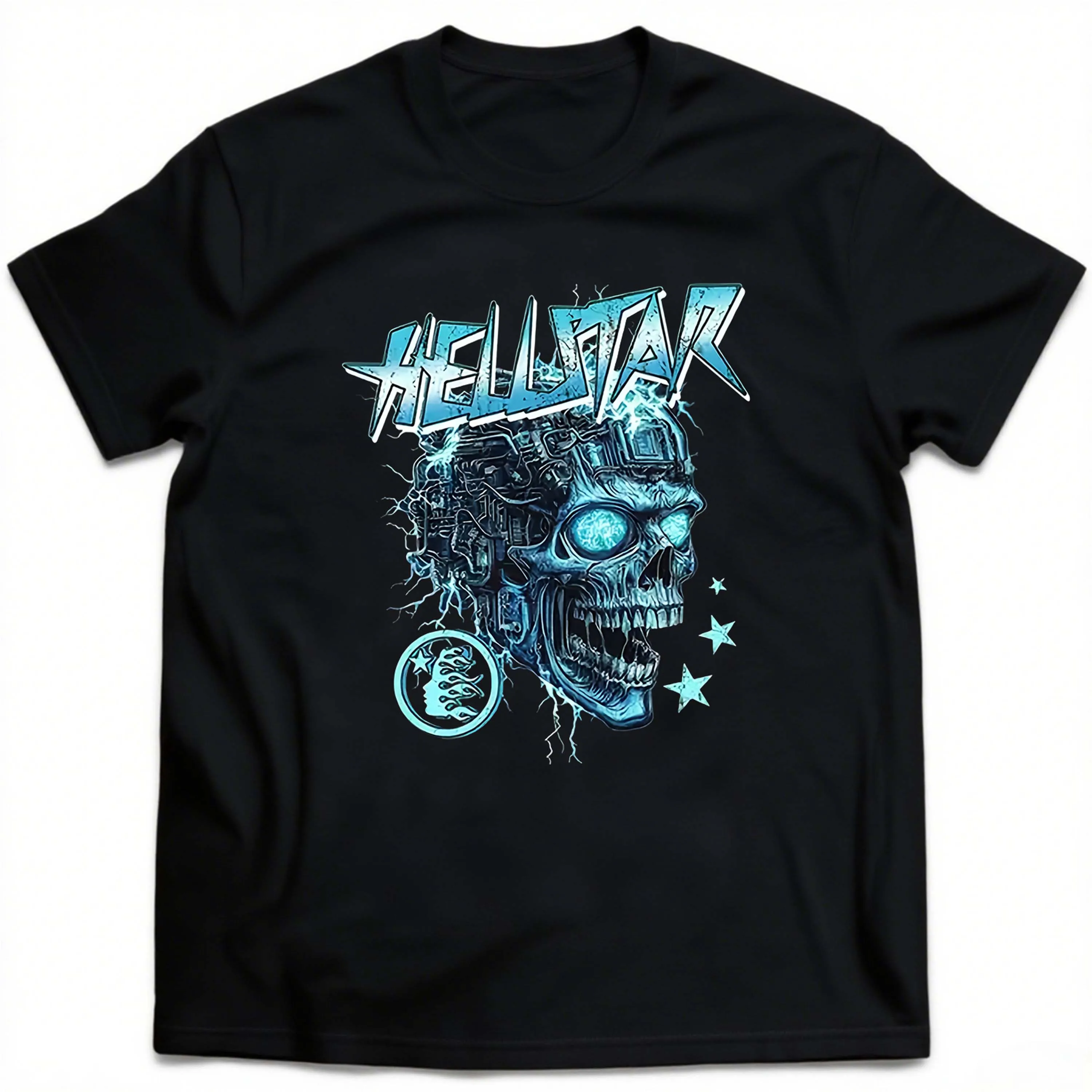 Czarna koszulka męska plus size z grafiką czaszki w chłodnym niebieskim kolorze, odpowiednia do noszenia na świeżym powietrzu latem.