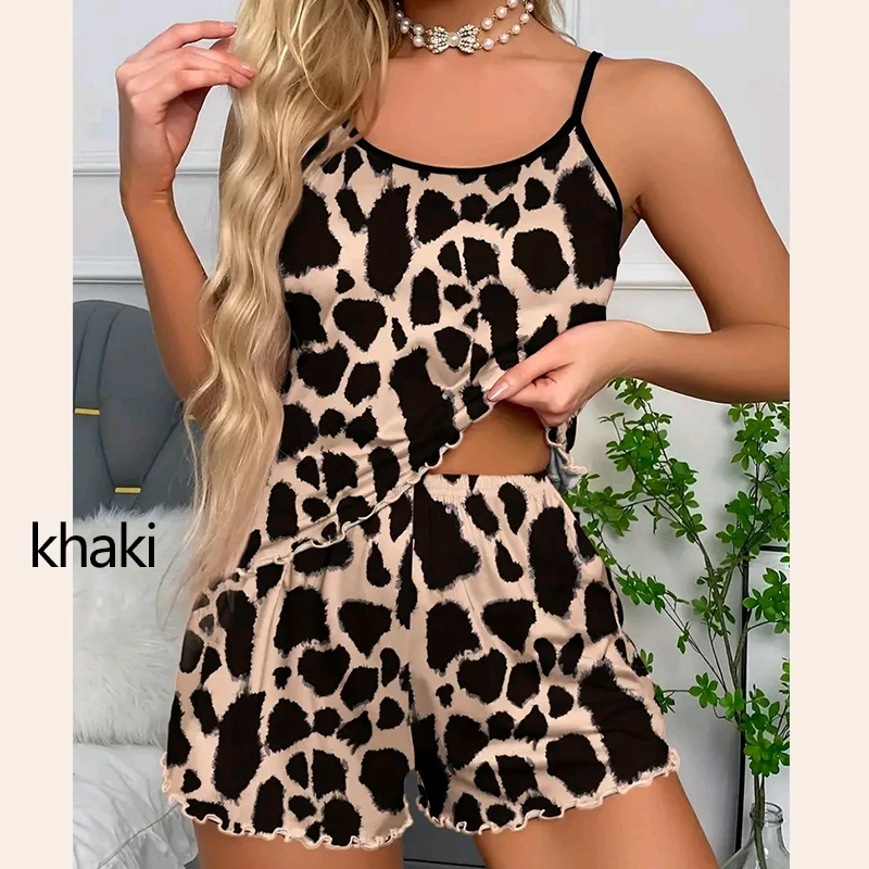 Women\'s Pajamas Set Sleepwear 2 PCS Camisole And Shorts S M L Khaki Ventilate Soft Casual Leopard Print