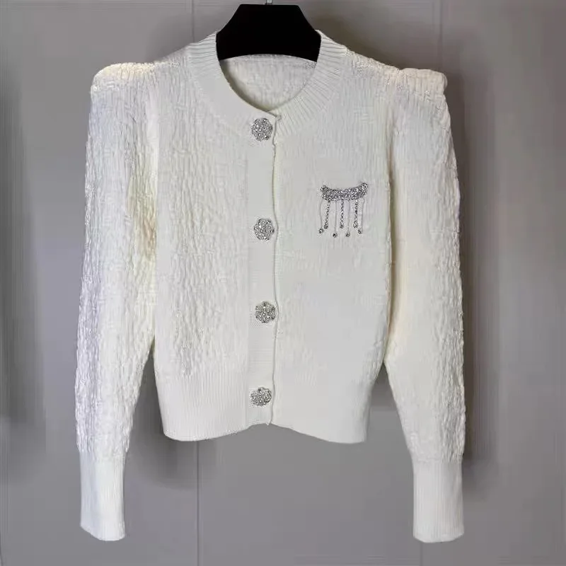 Spring Autumn Chic Cashmere Knitted Cardigans Women Chain Beaded Sweater Coat Solid Korean Short Knitwear White Cropped Cardigan