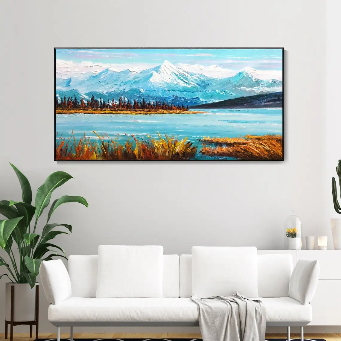 Large Abstract Landscape Art 3D Hand Natural Lake Oil Painting Snowy Mountain Glacier Texture Painting Autumn Home Wall Decor