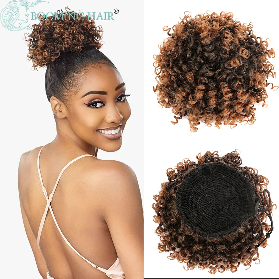 Synthetic Short Afro Puff Hair Bun Ponytail Kinky Curly Hair Chignon Hairpieces Drawstring Ponytail Hair Extensions for Women