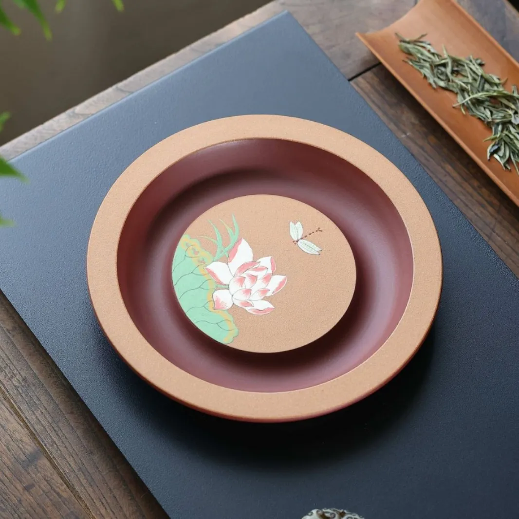 

Yixing Purple Clay Exquisite Lotus-Painted Stand, Dry Brewing Small Tray, Round Water-Retaining Tea Holder, Pot Mat