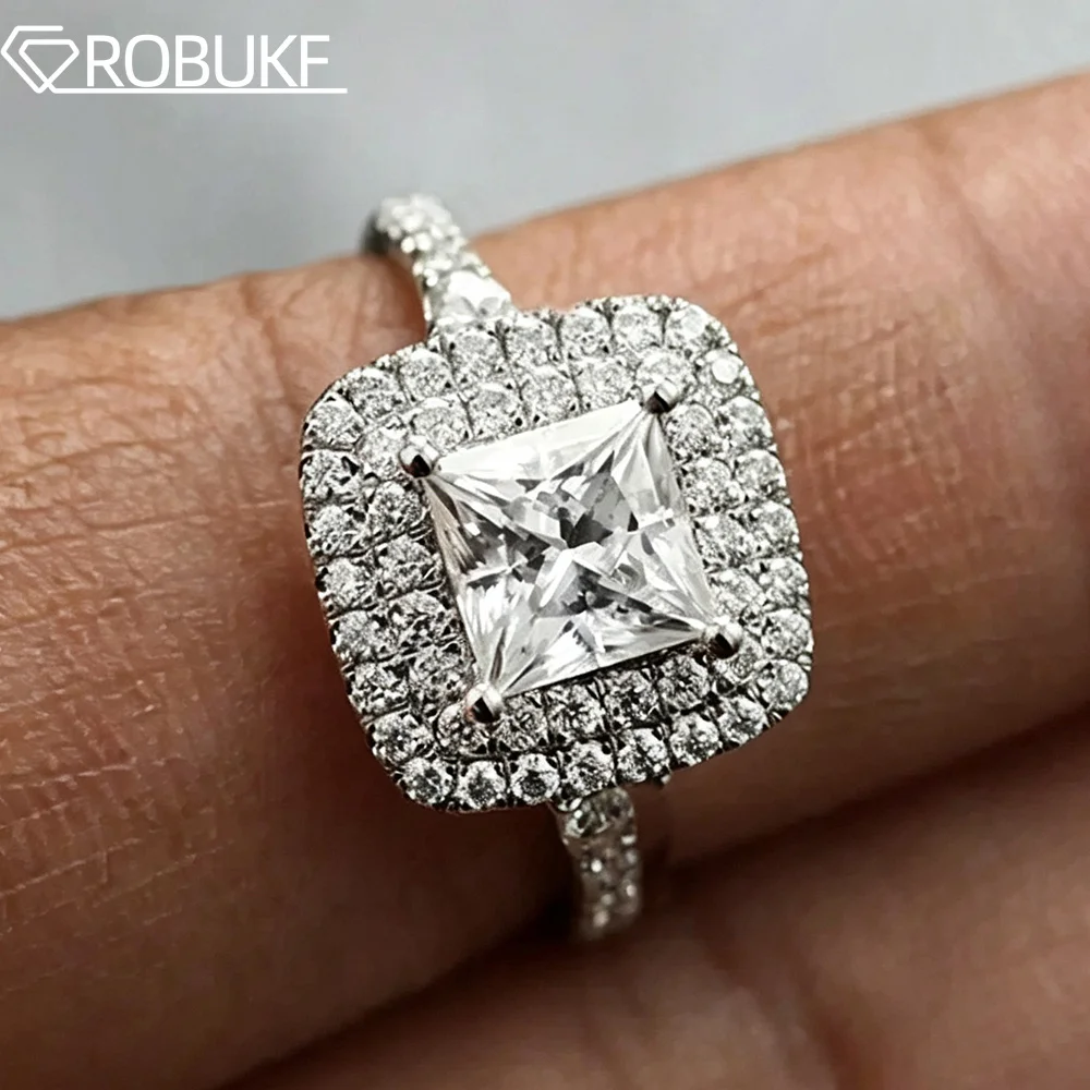 1Carat Double Halo Princess Cut Moissanite Engagement Rings for Women D Color VVS Lab Diamond S925 Silver Wedding Band Jewelry