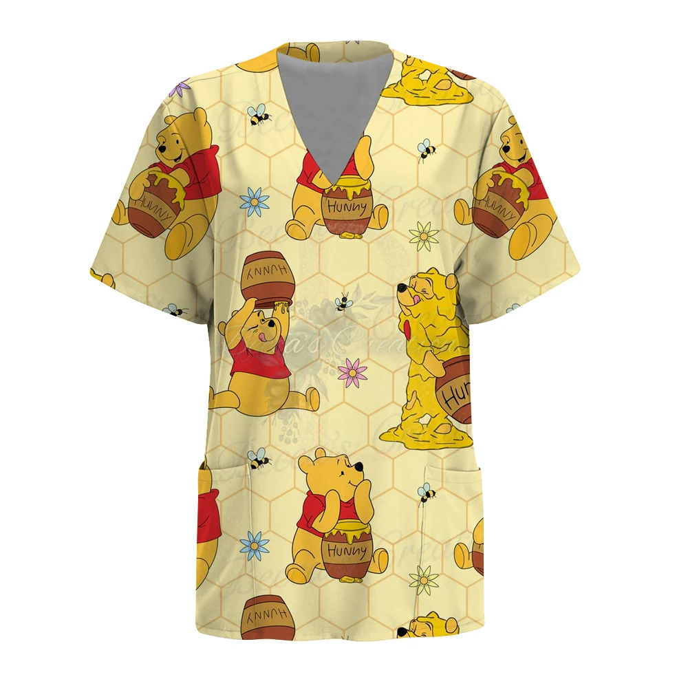 Surgical Uniforms Disney Winnie the Pooh print Pocket Design Surgical Costume Woman V-Neck Short Sleeve Nurse Medical Uniform