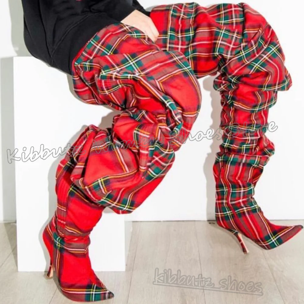 

Checkered Above The Knee Boots Novelty Fashion Elegant Comfortable Sexy Luxury Novelty Pointy Thin Heels Spicy Girls Shoes New