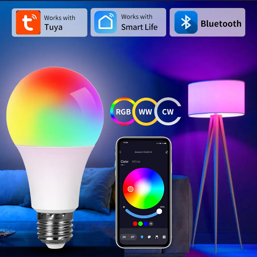 1/2/3pcs Tuya Bluetooth LED Smart Bulb APP Control Dimmable LED Bulb 15W E27 RGB Light Bulb Home Bedroom Christmas Party Decor