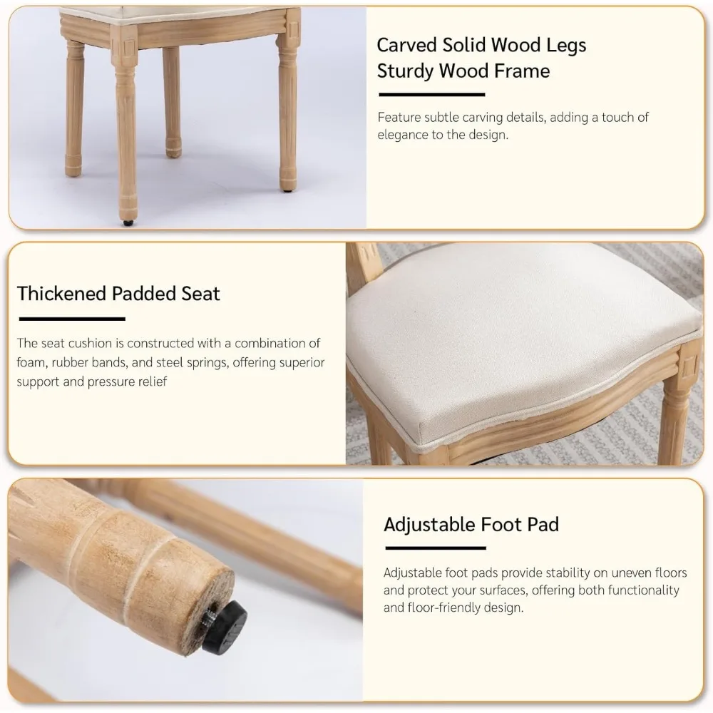 مجموعة كراسي تناول الطعام في الريف الفرنسي مكونة من 2، كراسي طعام خشبية عتيقة مع مقعد منجد من القماش ومسند ظهر بيضاوي وأرجل من الخشب الصلب&F #6