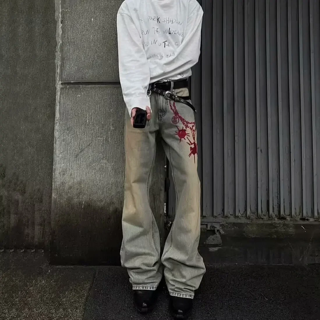 

Американские осенние джинсы с вышивкой метеорного молота, окрашенные в желтая грязью для мужчин, новые прямые брюки в стиле High Street Vibe