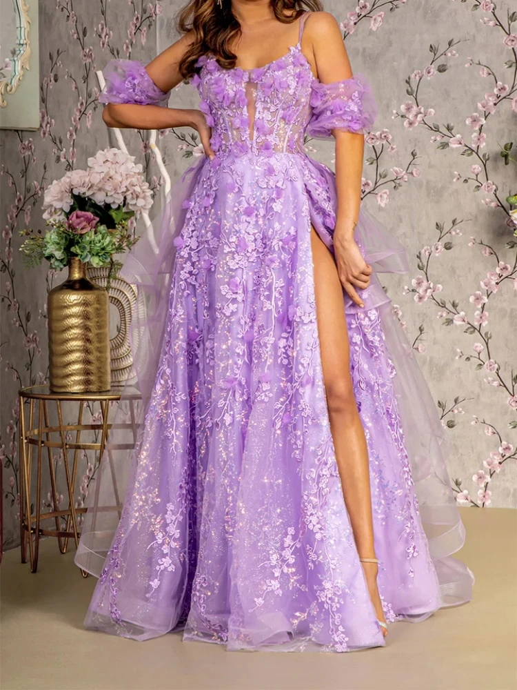 

Charming Luxury Lavender Prom Dresses Spaghetti Strap Flower Applique Sequined Sexy Front Slit Party Dress Women Formal Evening