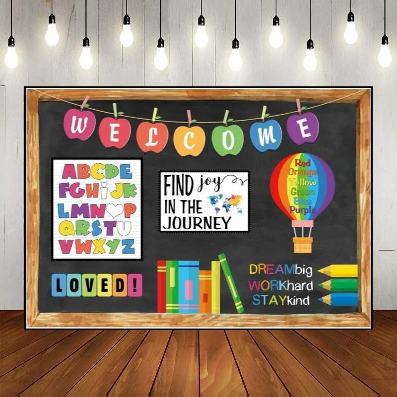 

Welcome Back to School Kindergarten Classroom ABC Online Teaching First Day Homecoming Background Birthday Decoration Happy Kids