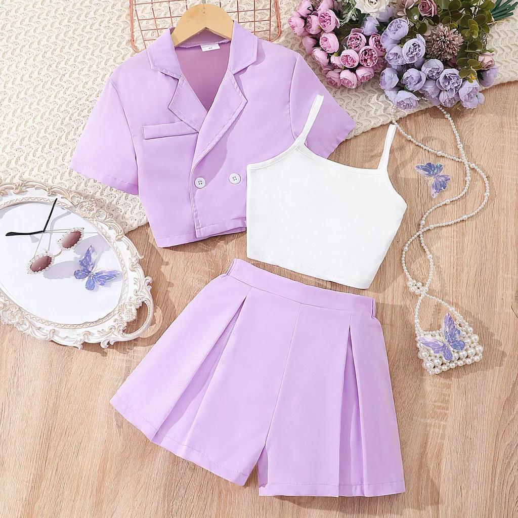 2024 Teen Girl Set Summer Short Sleeve Blazer+Camisole+Shorts Ourfit 8 9 10 11 12 Years Old Fashion Casual Purple Kids Girl Suit