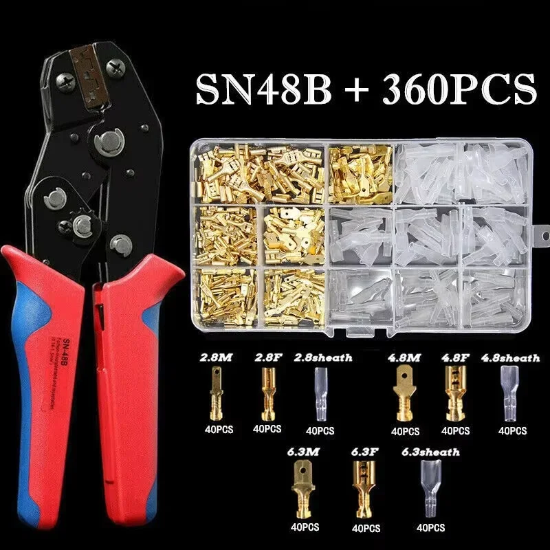 360pcs Crimp Terminal Wire Connector 2.8/4.8/6.3mm Female Male Gold Brass/Silver Car Spade Electrical Cable Terminals with Plier