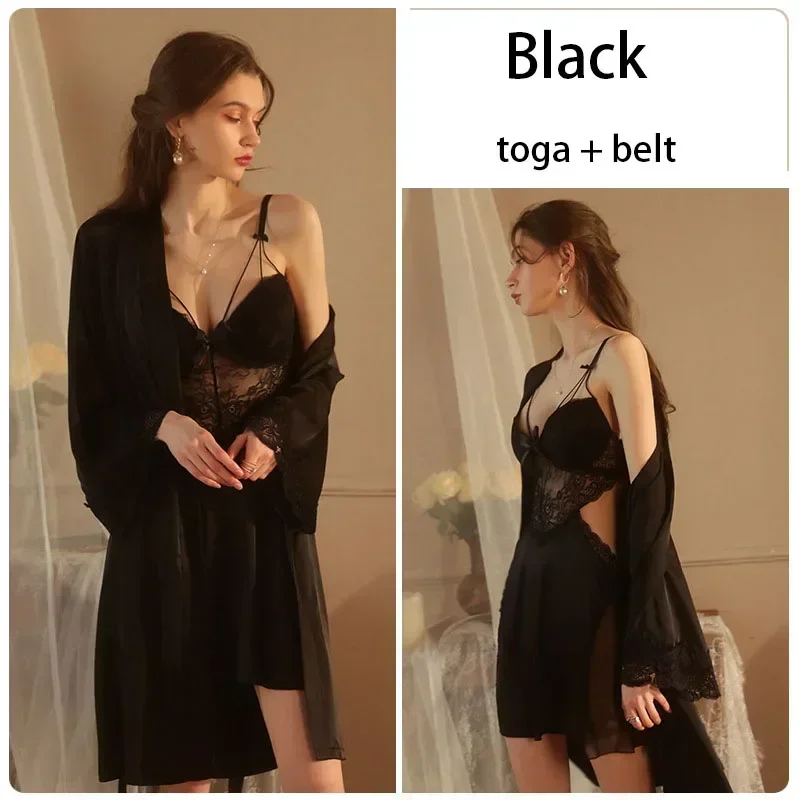 Sexy Dessous-Set für Damen, rückenfreies Neckholder-Nachthemd mit Bügel und Brustpolstern, Eisseiden-Pyjama-Robe, elegante Nachtwäsche, Homewear