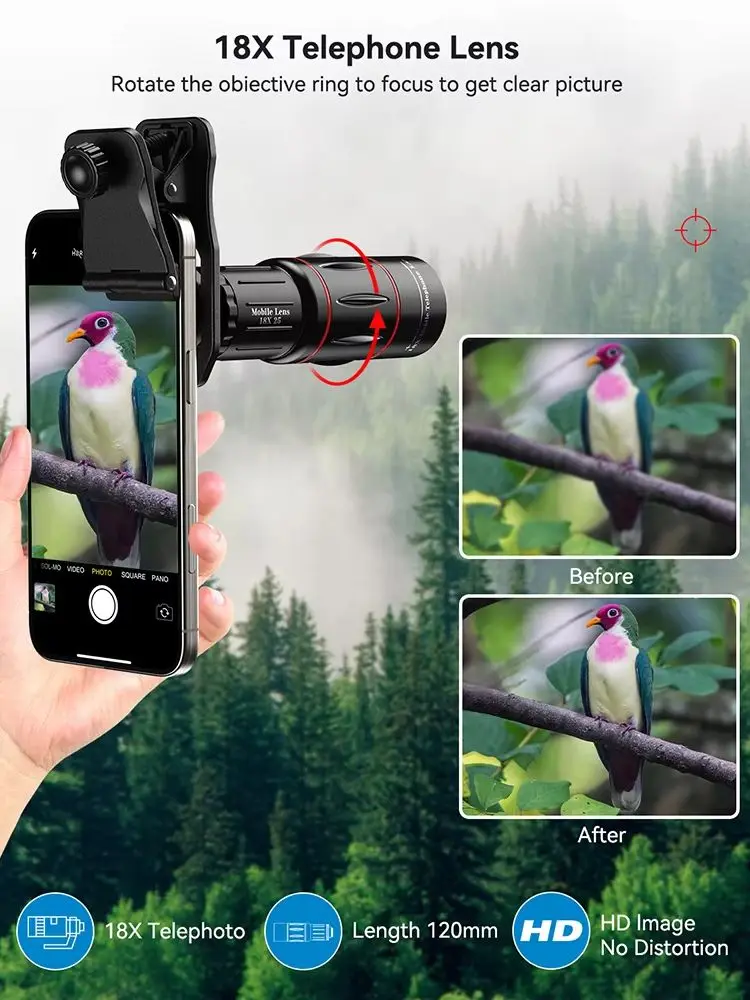Obiektyw APEXEL 18X z zoomem teleskopowym do telefonu komórkowego z klipsami, uniwersalny do iPhone, Xiaomi i smartfonów, model APL-18XT — zdjęcie produktu 7