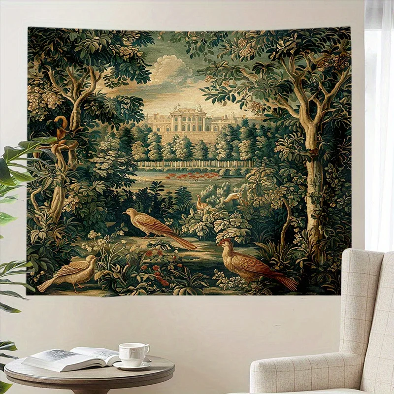 Luxuriöser Renaissance-Pfauengarten-Wandteppich, europäisches Landschaftskunstwerk, Polyester-Druck für die Heimdekoration.