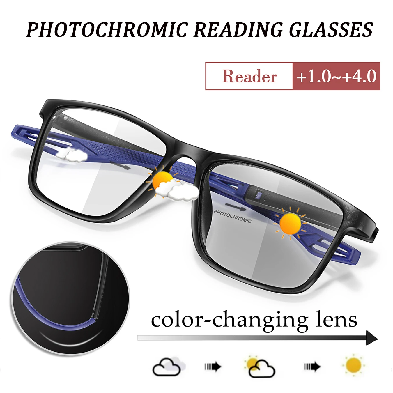 Photochrome Lesebrille für Unisex, klassischer quadratischer Rahmen für Presbyopie, Anti-Blaulicht-blockierende Brille für Fernsicht