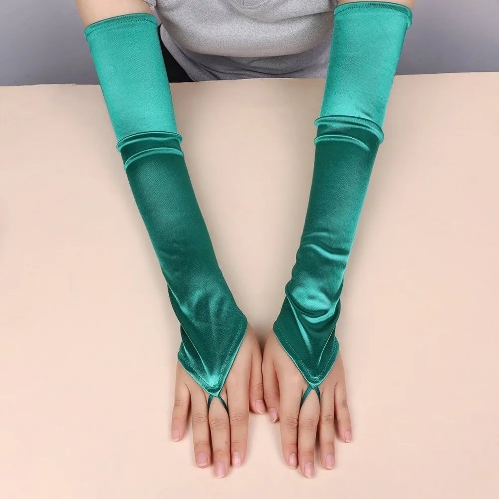 جديد 49 سنتيمتر قفازات نسائية الصلبة الرجعية الساتان هوك قفازات الاصبع مرحلة الأداء مرونة طويلة أصابع قفازات الزفاف العروس