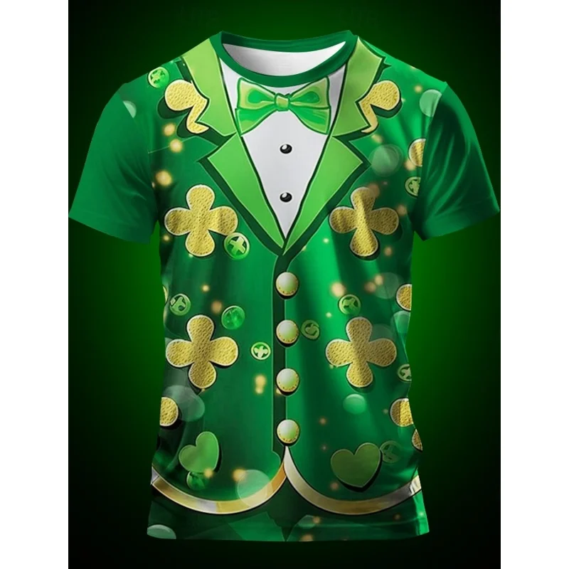 Clover Fake Suit Pattern T-Shirt For Men St. Patrick's Day 3D Printed Tees Casual Unisex Short Sleeve O-Neck Top Street T Shirts