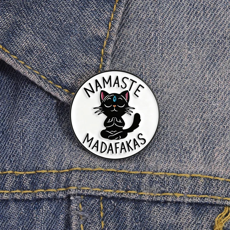 Pins Cute Black Cat Meditation Badge Personalized Quotes Brooch Creative Decoration Fun Backpack Accessories Pin Accessories