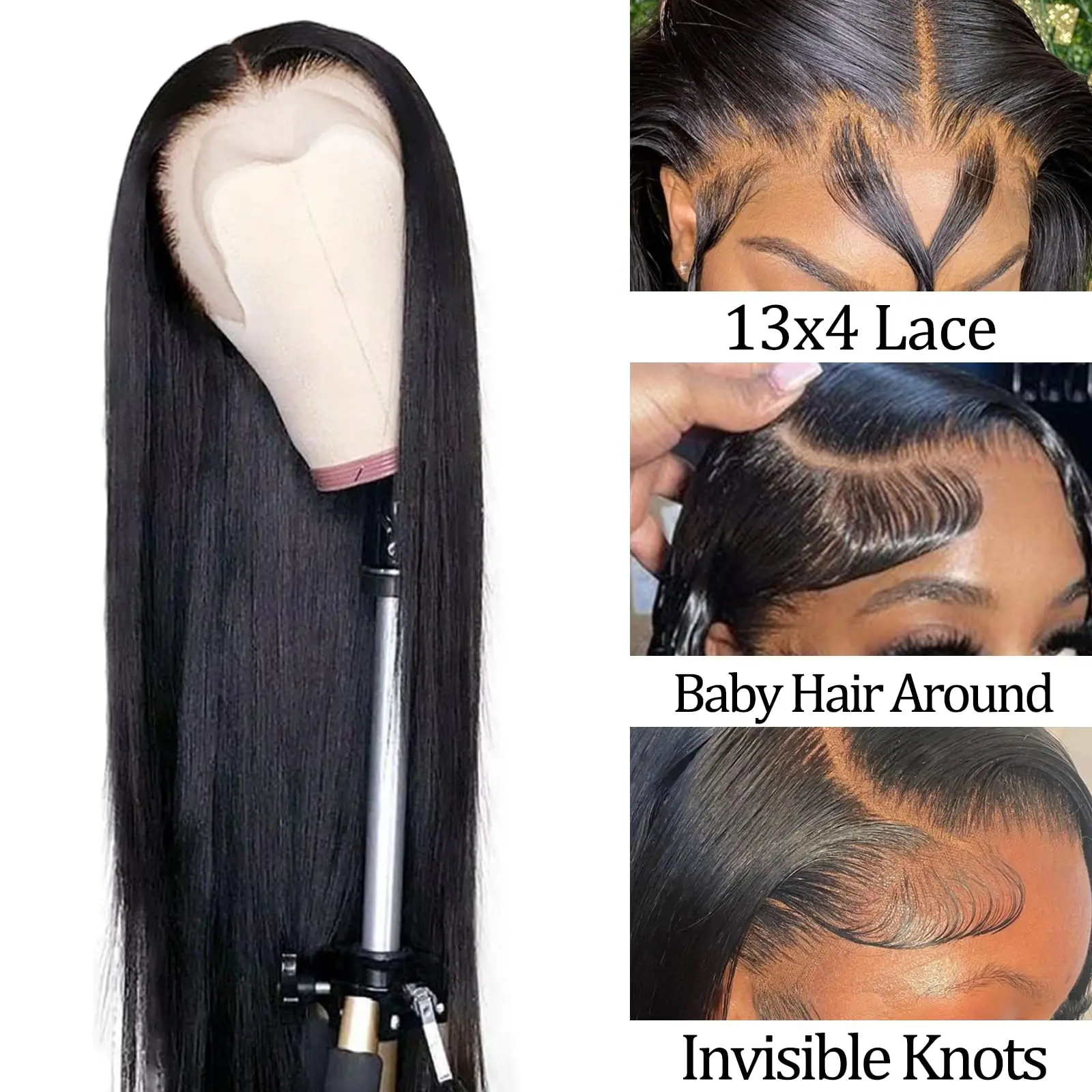 Perruque Lace Front Wig sans colle naturelle brésilienne, cheveux lisses, 13x6 HD, 13x4, pre-plucked, au choix, densité 200