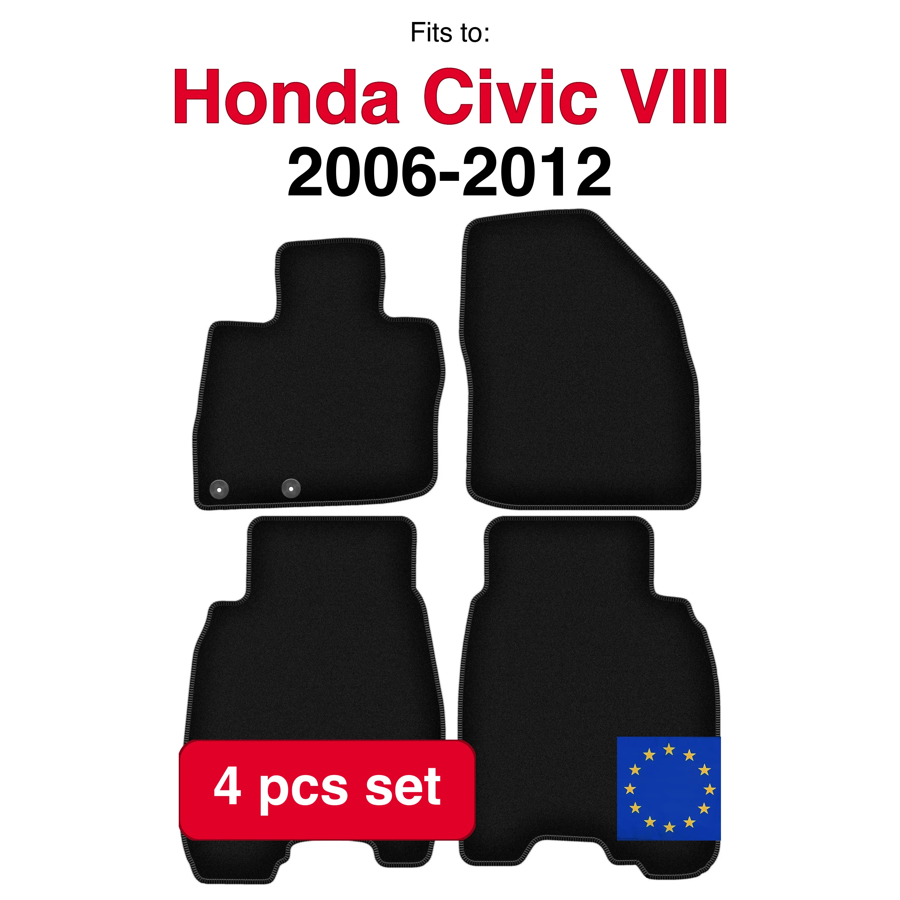 Image of Velour-Teppichset für Honda Civic VIII Schrägheck (2006-2012) – Schwarz (4-teilig), passgenaues Auto-Fußmattenset