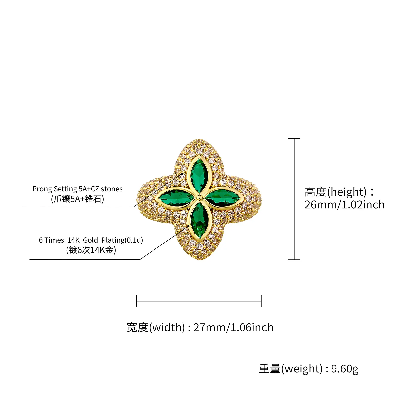 TOPGRILLZ 7-11 Size Iced Out Bling Charm Four Leaf Clover Ring Gold Silver Color Cubic Zirconia Flower Classic Ring For Gift