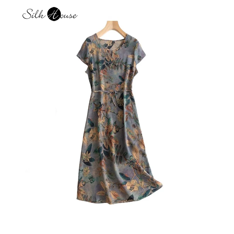 

Clearance Style 100% Natural Mulberry Silk Crepe De Chine Leaf Printed Women's Round Neck Summer Belt Casual Dress