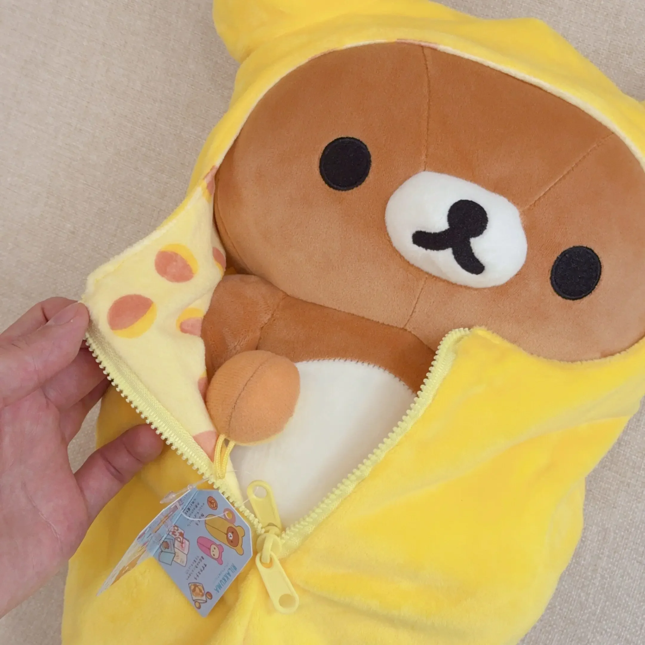 Rilakkuma Plush Toy with Yellow Polka Dot Sleeping Bag Stuffed Relax Bear Doll Removable Outfit Rilakkuma Plushie for Fans Gift
