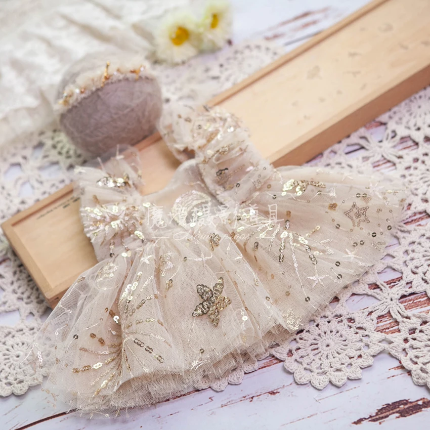 Newborn Baby Girls Photography Props Lace Stars Blingbling Dress with Headband 2pcs Backdrop Studio Photoshoot Photo Props