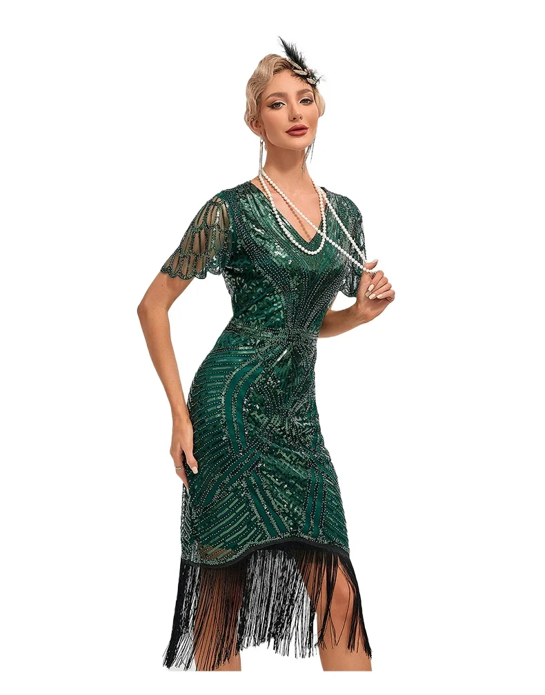 1920S Flapper Retro Prom Embroidered Tassel Dress Great Gatsby Cocktail Party Large Sequin Beaded Mesh V-Neck Short Sleeve Dress