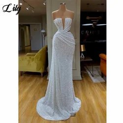 Lily White Evening Dress Sexy Deep V-Neck Sleeveless Prom Dress Glitter Sequined Mermaid Party Dress Sweep Train Robe De Soirée