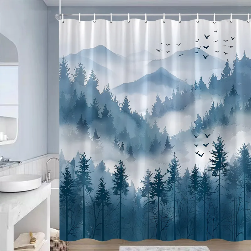 Misty Forest Shower Curtains Pine Trees Mountain Plant Birds Blue Abstract Art Landscape Polyester Fabric Bathroom Curtain Decor