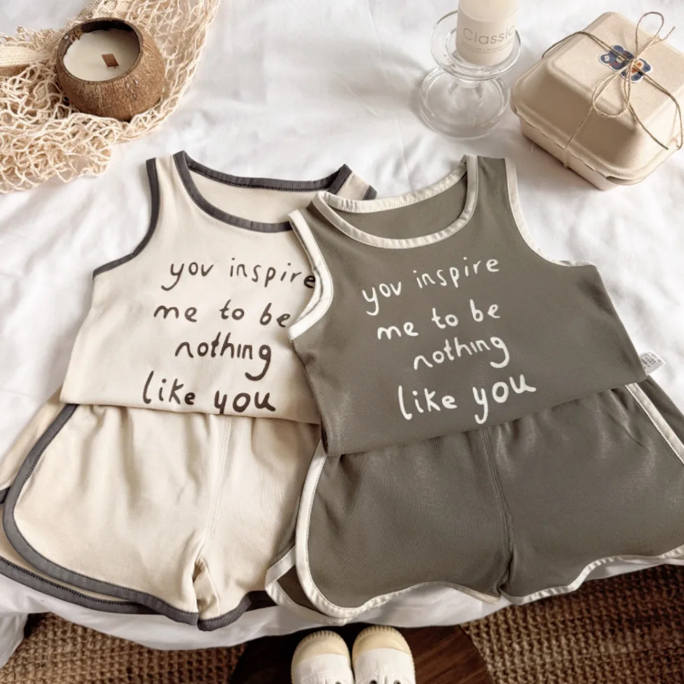 2025 Summer New Baby Boy Sleeveless Clothes Set Fashion Letter Print Kids Girls Cotton Vest + Shorts 2pcs Suit Toddler Outfits