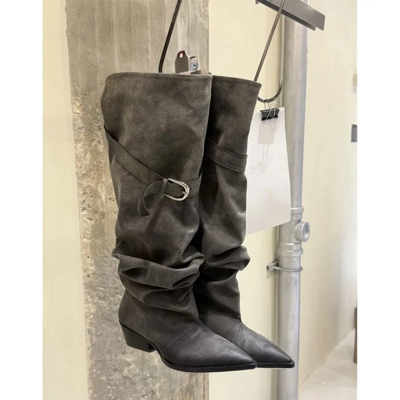 2026 Autumn Pointed Toe Pleated Pile Boots Women's Vintage Large Barrel Belt Buckle High Knight Boots