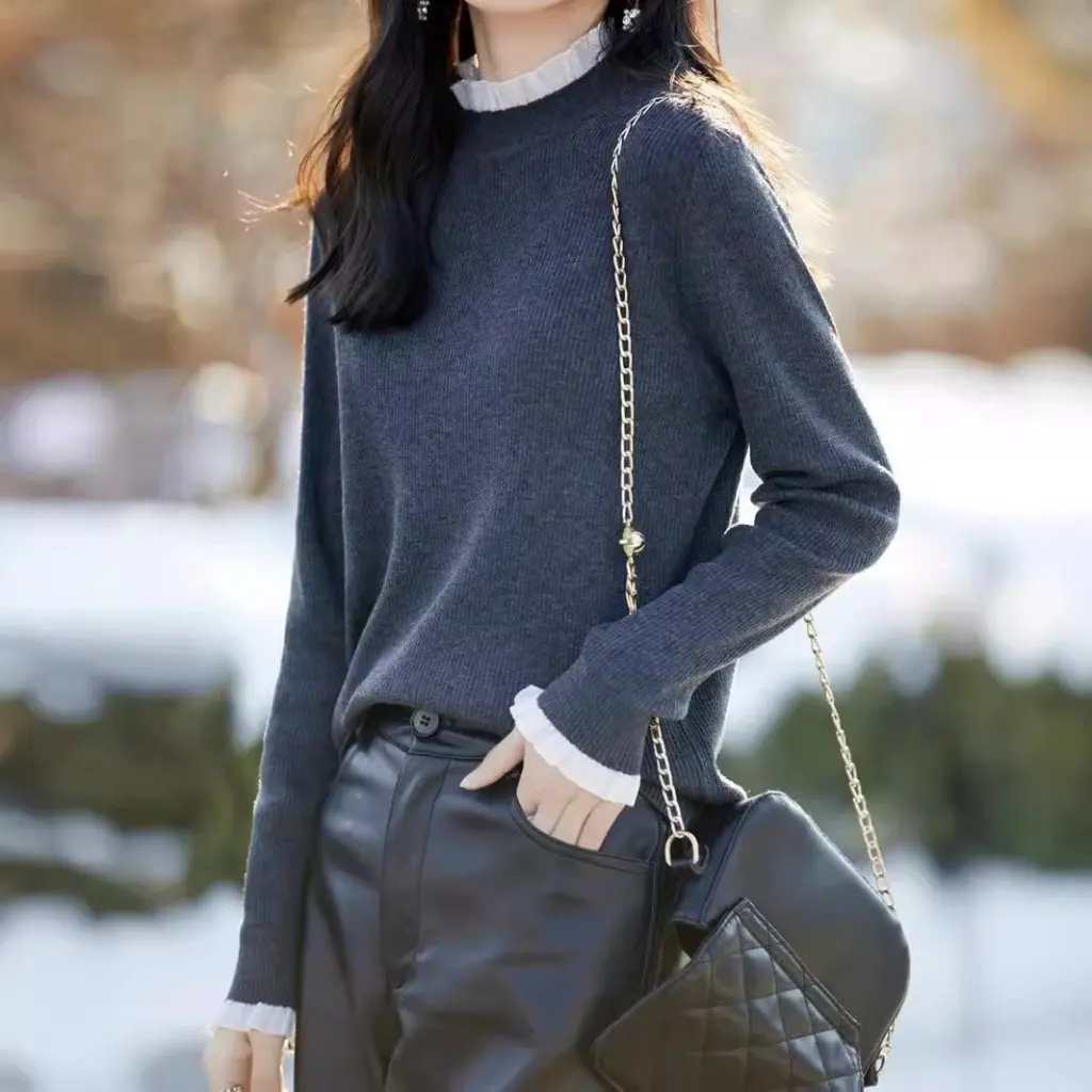 

Женский пуловер для похудения, свитер, Новое весеннее поступление, однотонный воротник-стойка, кружевная трикотажная рубашка с воротником-стойкой, камвольная шерсть