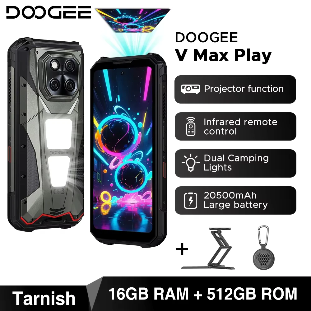 DOOGEE V Max Play 5G-projector Robuuste telefoon 6,78-inch display 20500 mAh batterij Dubbele campingverlichting Afmeting 7300 NFC-smartphone