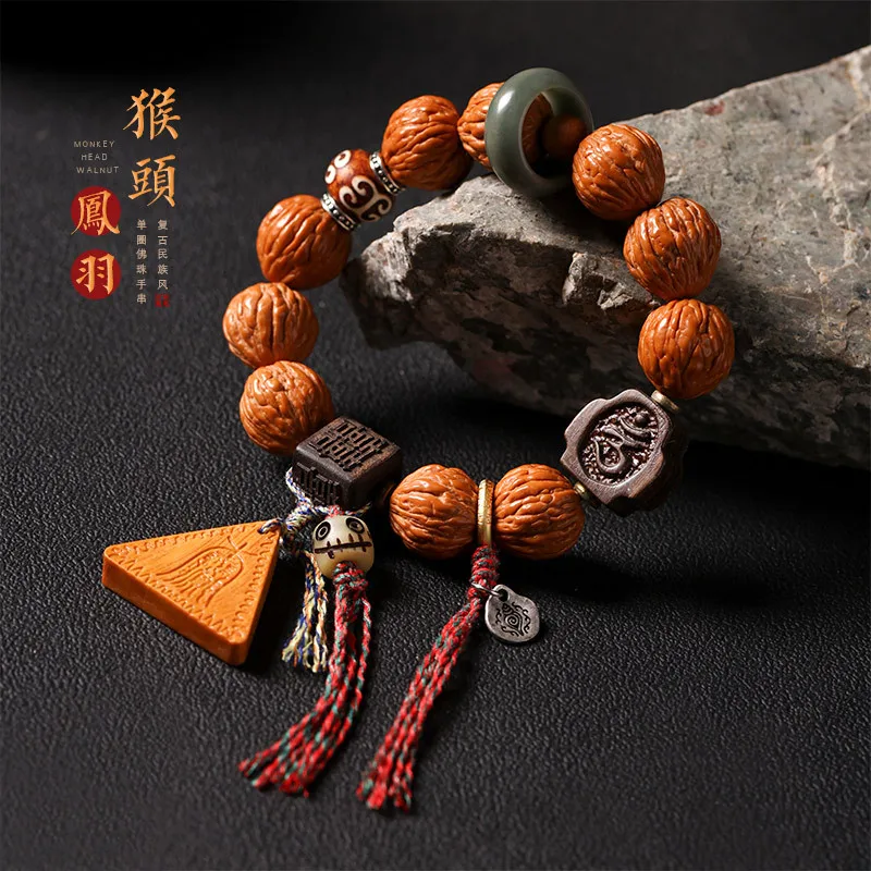 

Ethnic Style Wild Monkey Head Walnut Plain Elegant Single Circle Tassel Bracelets Sandalwood Safe Talisman Wen Play Hand String