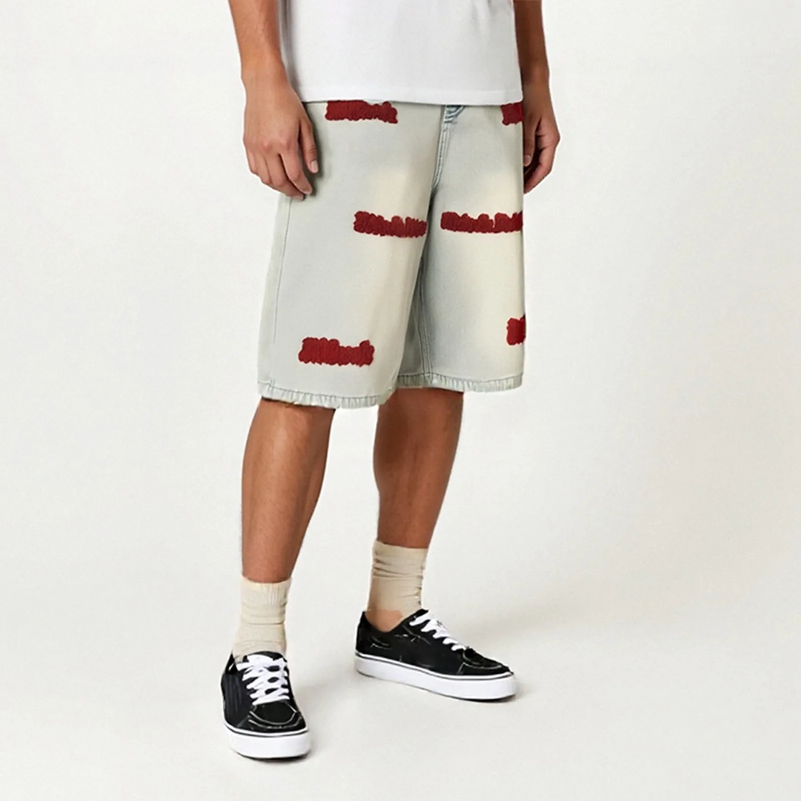 

Men's Embroidered Denim Shorts For Men Baggy Straight Wide Leg Denim Pants High Street Fashion Hip Hop Y2K Blue Jeans Shorts