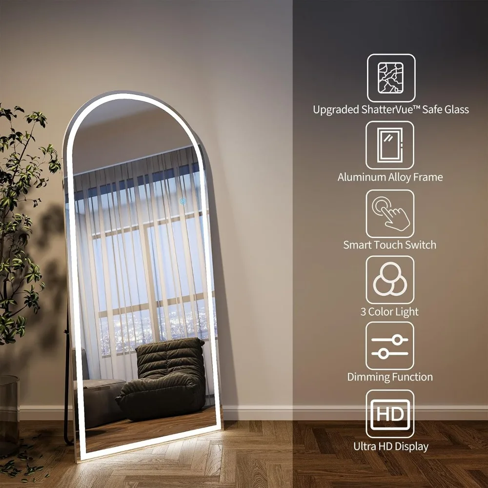 Espelho de piso arqueado de comprimento total iluminado por LED, 65x24 com brilho ajustável e 3 modos de cor, espelho de corpo magro em pé