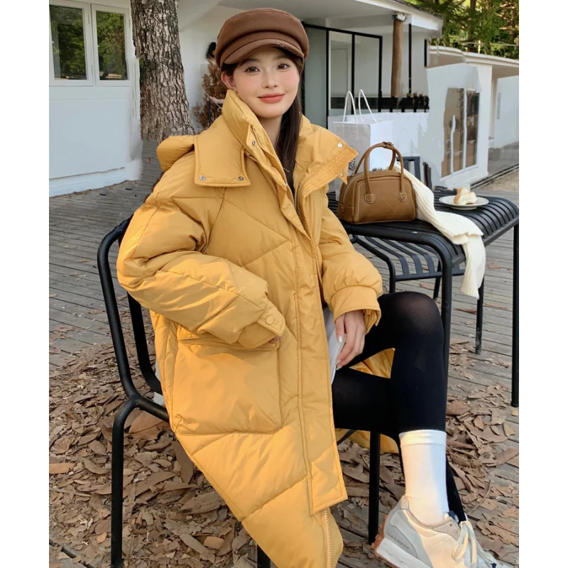 Women Yellow Medium Length Down Jacket Hooded Coat Fashion Windproof Thicken Duck Down Feather Female Puffer Winter Outwear